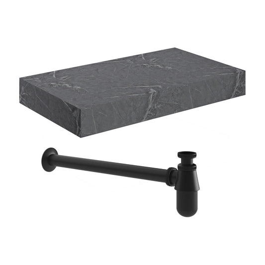 Quelora 800mm Wall Hung Grey Marble Basin Shelf & Black Bottle Trap