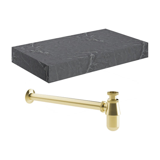 Quelora 800mm Wall Hung Grey Marble Basin Shelf & Brushed Brass Bottle Trap