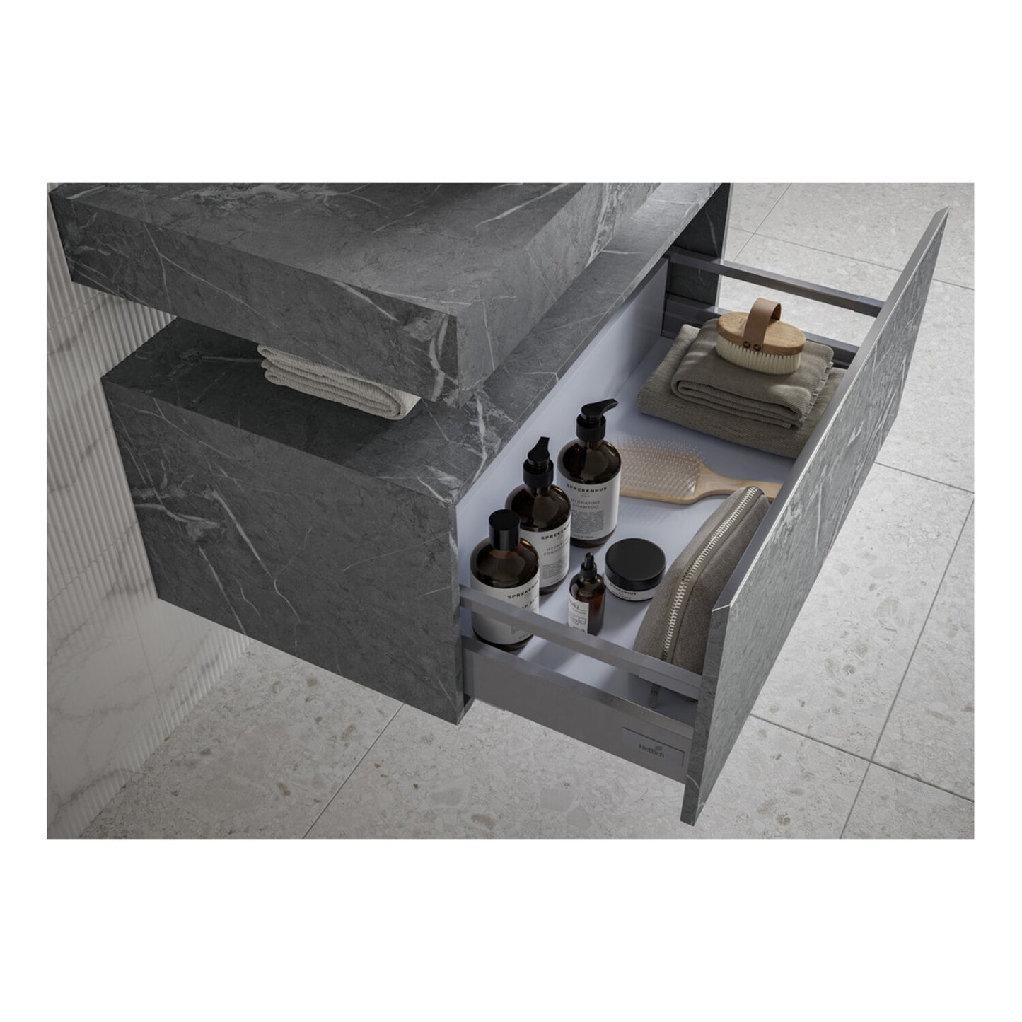 Quelora 800mm Wall Hung Grey Marble Basin Shelf & Brushed Brass Bottle Trap