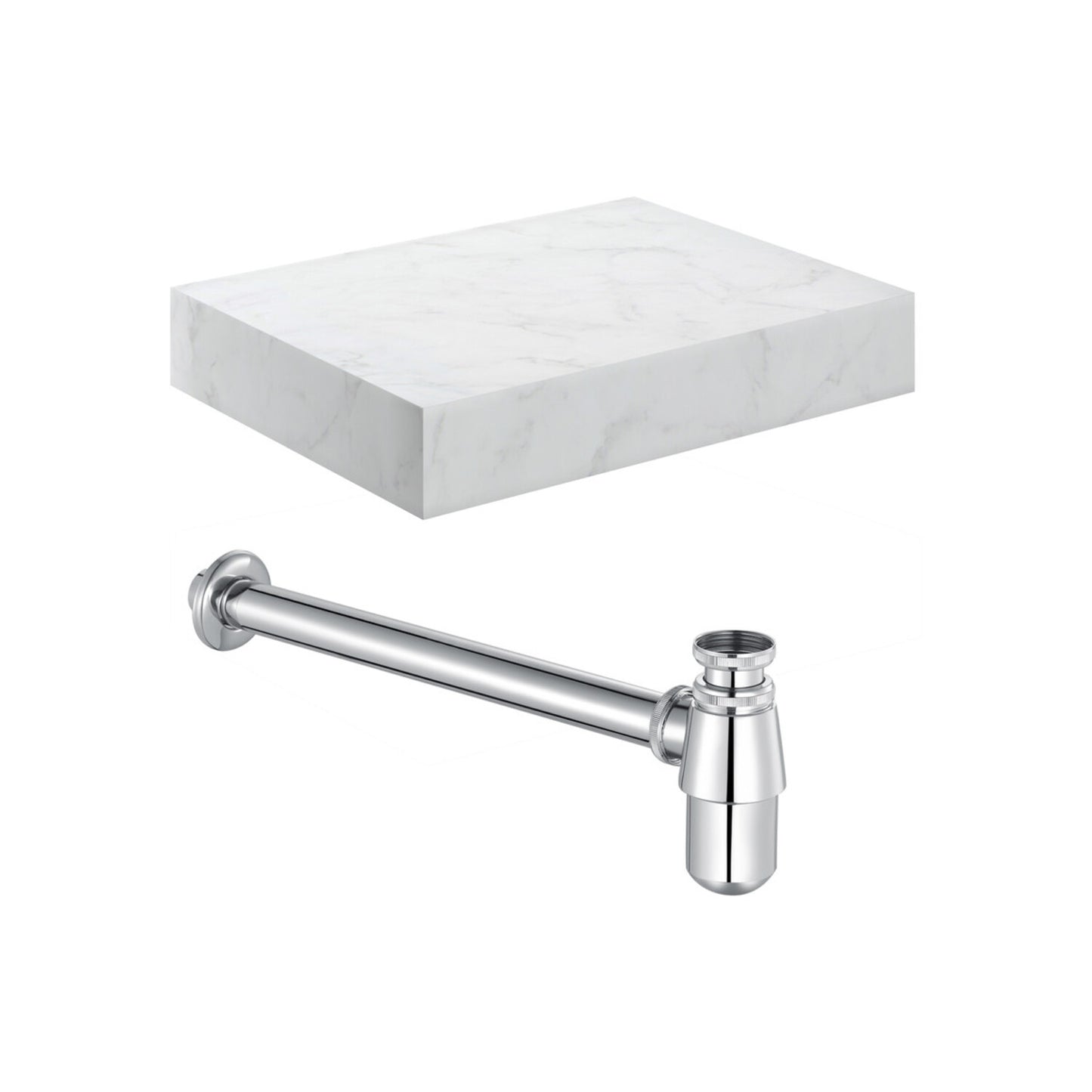 Quelora 600mm Wall Hung White Marble Basin Shelf & Chrome Bottle Trap