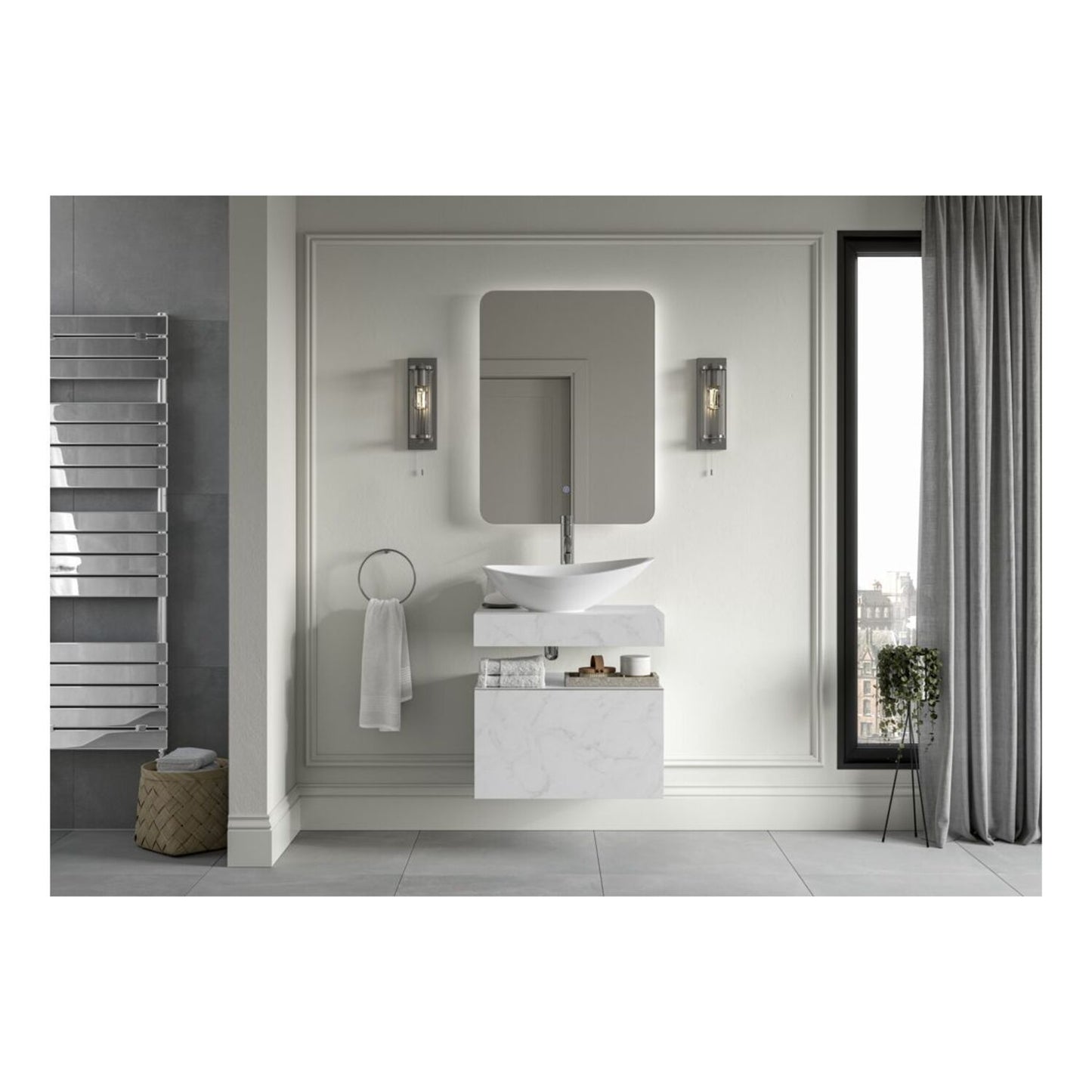 Quelora 600mm Wall Hung White Marble Basin Shelf & Chrome Bottle Trap