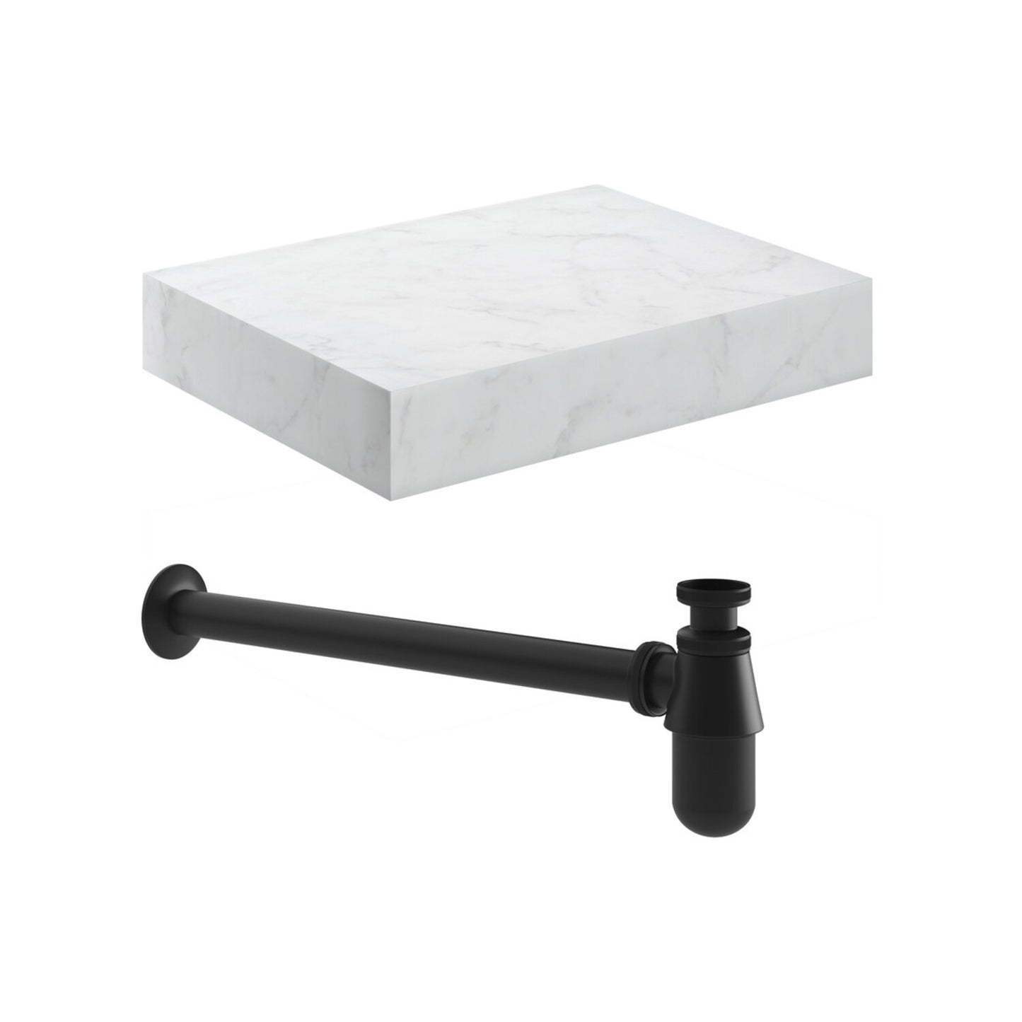 Quelora 600mm Wall Hung White Marble Basin Shelf & Black Bottle Trap