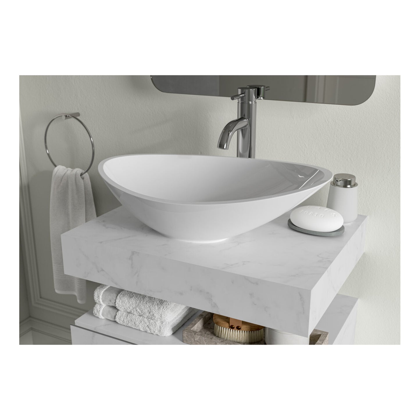 Quelora 600mm Wall Hung White Marble Basin Shelf & Black Bottle Trap