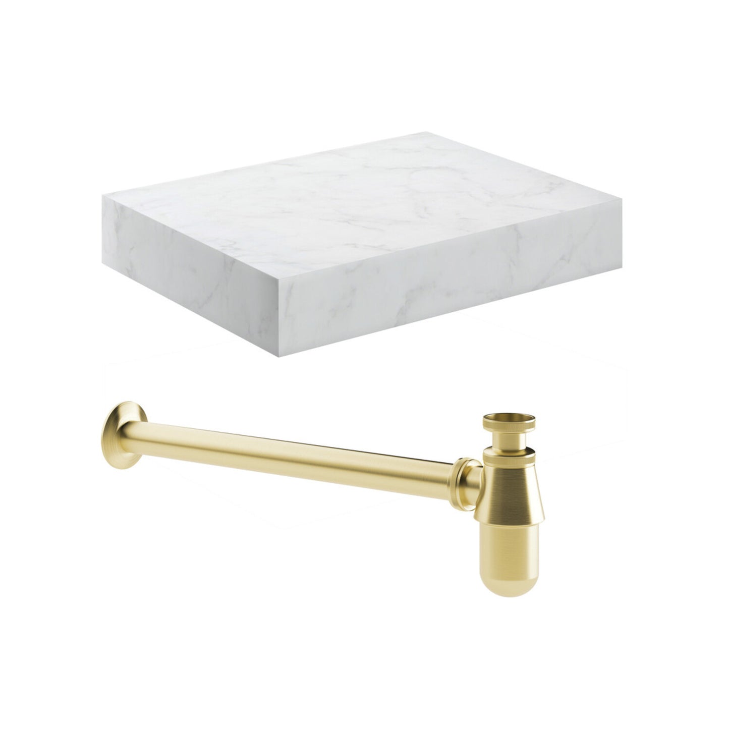 Quelora 600mm Wall Hung White Marble Basin Shelf & Brushed Brass Bottle Trap
