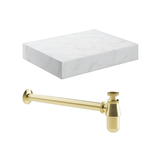 Quelora 600mm Wall Hung White Marble Basin Shelf & Brushed Brass Bottle Trap