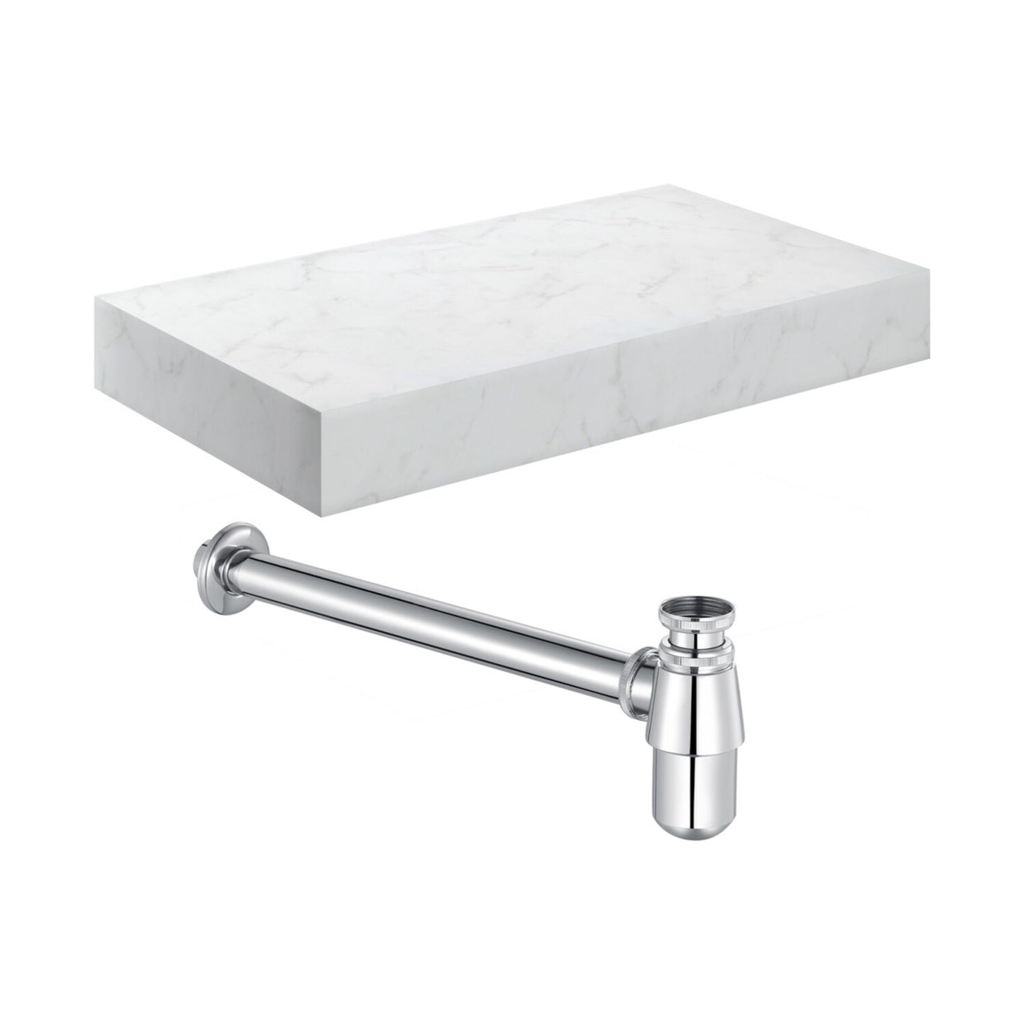 Quelora 800mm Wall Hung White Marble Basin Shelf & Chrome Bottle Trap