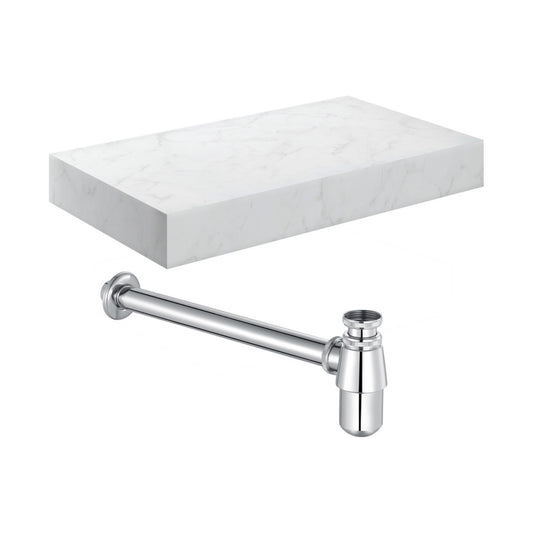 Quelora 800mm Wall Hung White Marble Basin Shelf & Chrome Bottle Trap