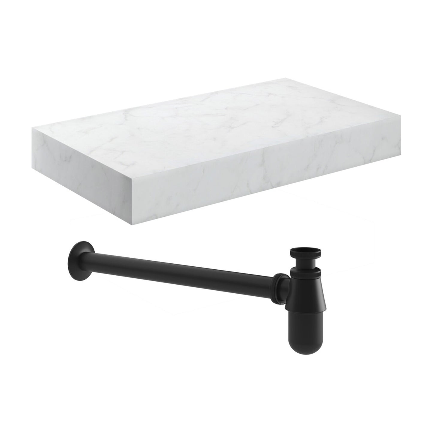 Quelora 800mm Wall Hung White Marble Basin Shelf & Black Bottle Trap