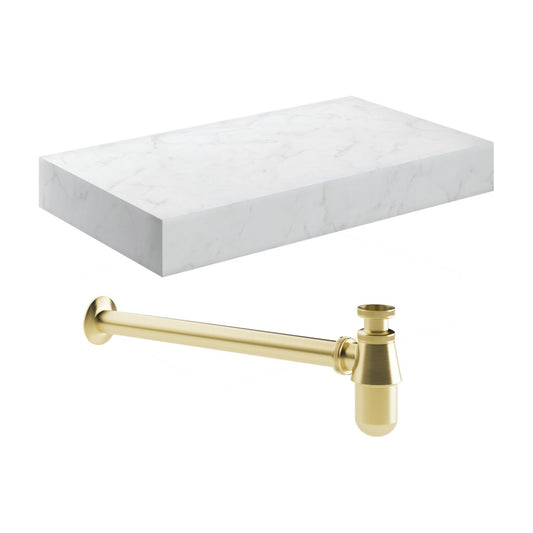 Quelora 800mm Wall Hung White Marble Basin Shelf & Brushed Brass Bottle Trap