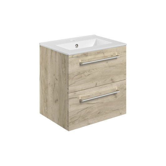Zenari 510mm Wall Hung 2 Drawer Basin Unit & 1 Tap Hole Thin Edge Basin - Oak