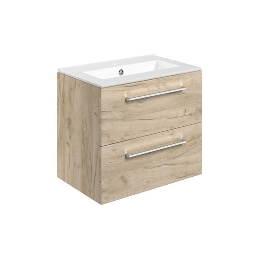 Zenari 610mm Wall Hung 2 Drawer Basin Unit & 1 Tap Hole Thin Edge Basin - Oak