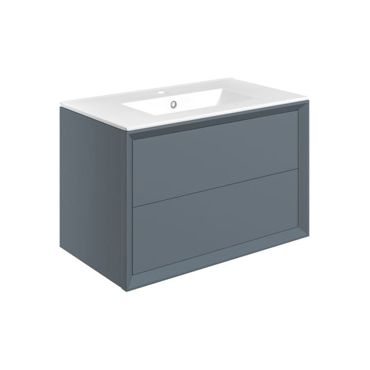 Seluna 810mm Wall Hung 2 Drawer Basin Unit & 1 Tap Hole Thin Edge Basin - Matt Storm Blue
