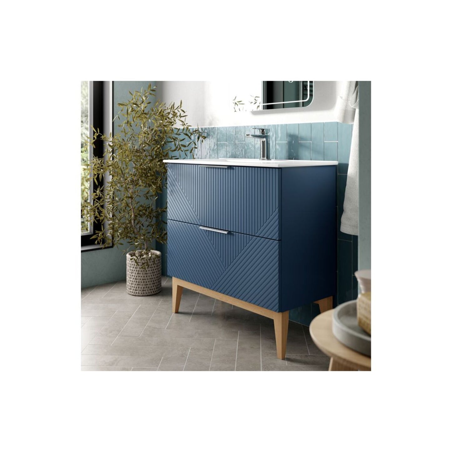 Orvella 810mm Floor Standing 2 Drawer Basin Unit & Maple Oak Effect Worktop - Matt Smoke Blue