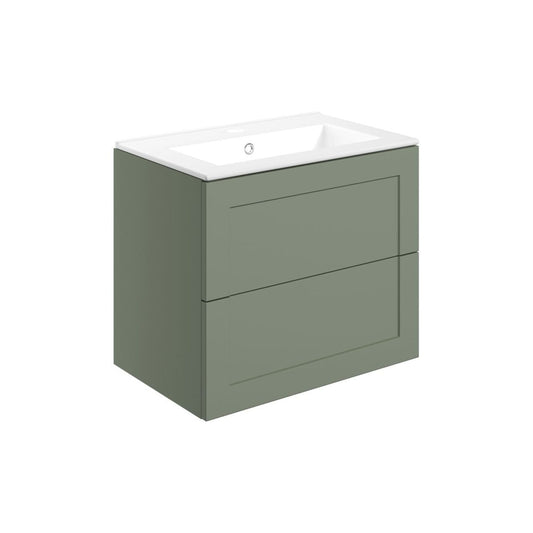 Pellora 615mm Wall Hung 2 Drawer Basin Unit & Basin - Matt Reed Green