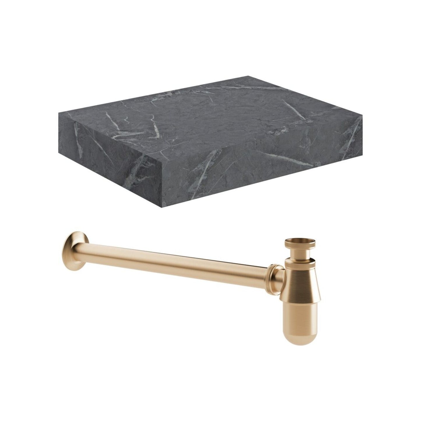 Quelora 600mm Wall Hung Grey Marble Basin Shelf & Brushed Bronze Bottle Trap