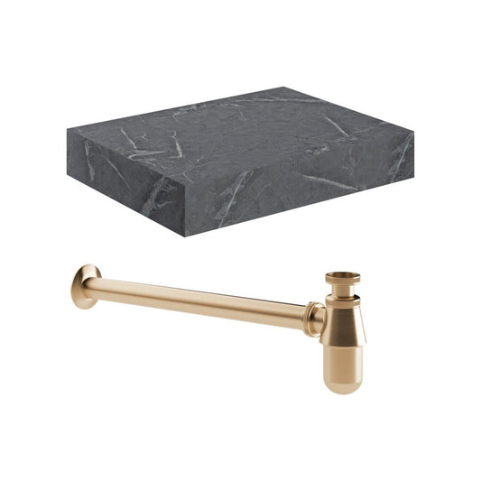 Quelora 600mm Wall Hung Grey Marble Basin Shelf & Brushed Bronze Bottle Trap