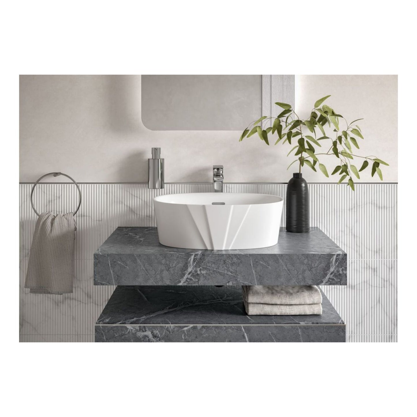 Quelora 600mm Wall Hung Grey Marble Basin Shelf & Brushed Bronze Bottle Trap