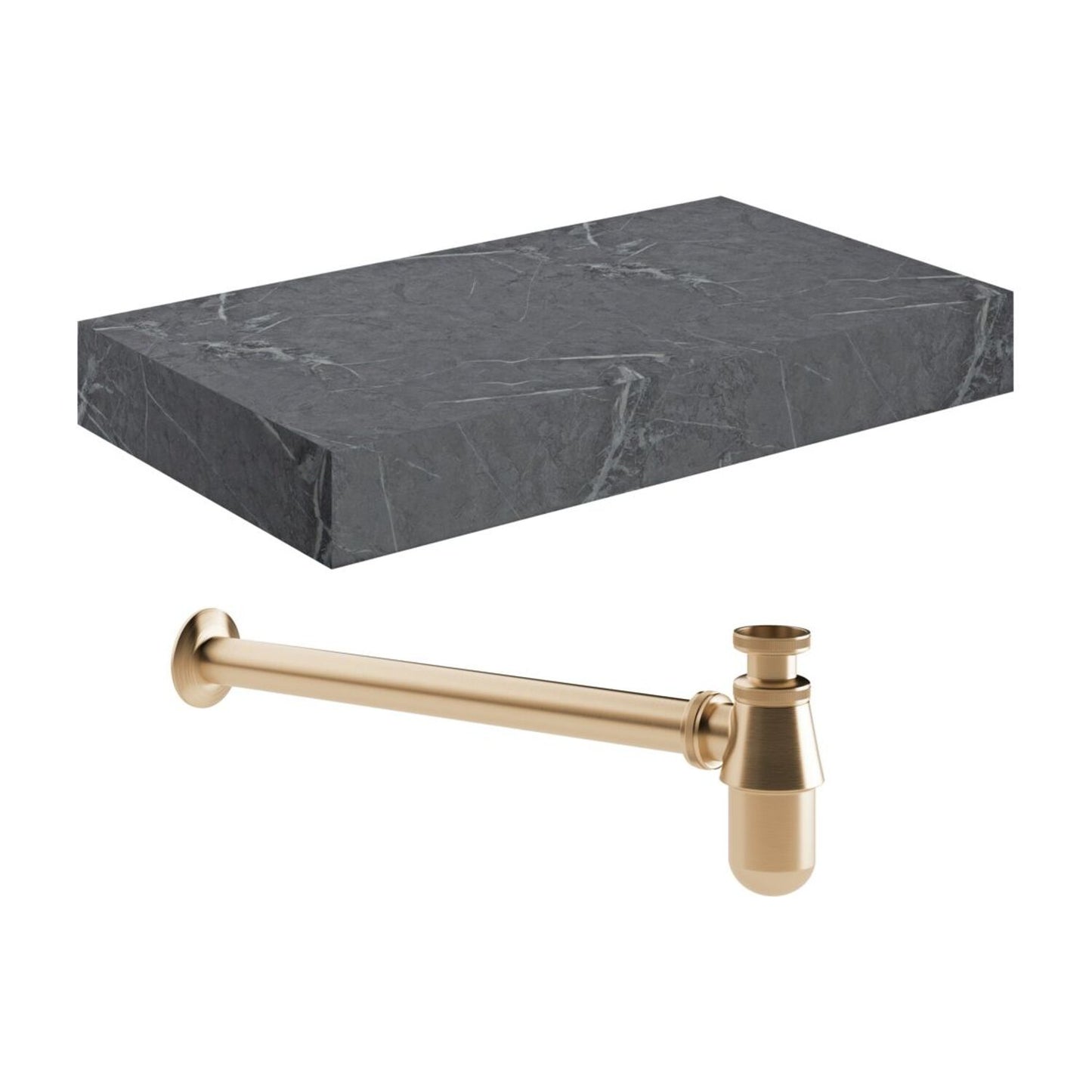 Quelora 800mm Wall Hung Grey Marble Basin Shelf & Brushed Bronze Bottle Trap