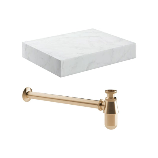Quelora 600mm Wall Hung White Marble Basin Shelf & Brushed Bronze Bottle Trap