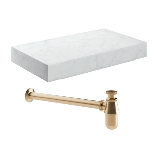 Quelora 800mm Wall Hung White Marble Basin Shelf & Brushed Bronze Bottle Trap