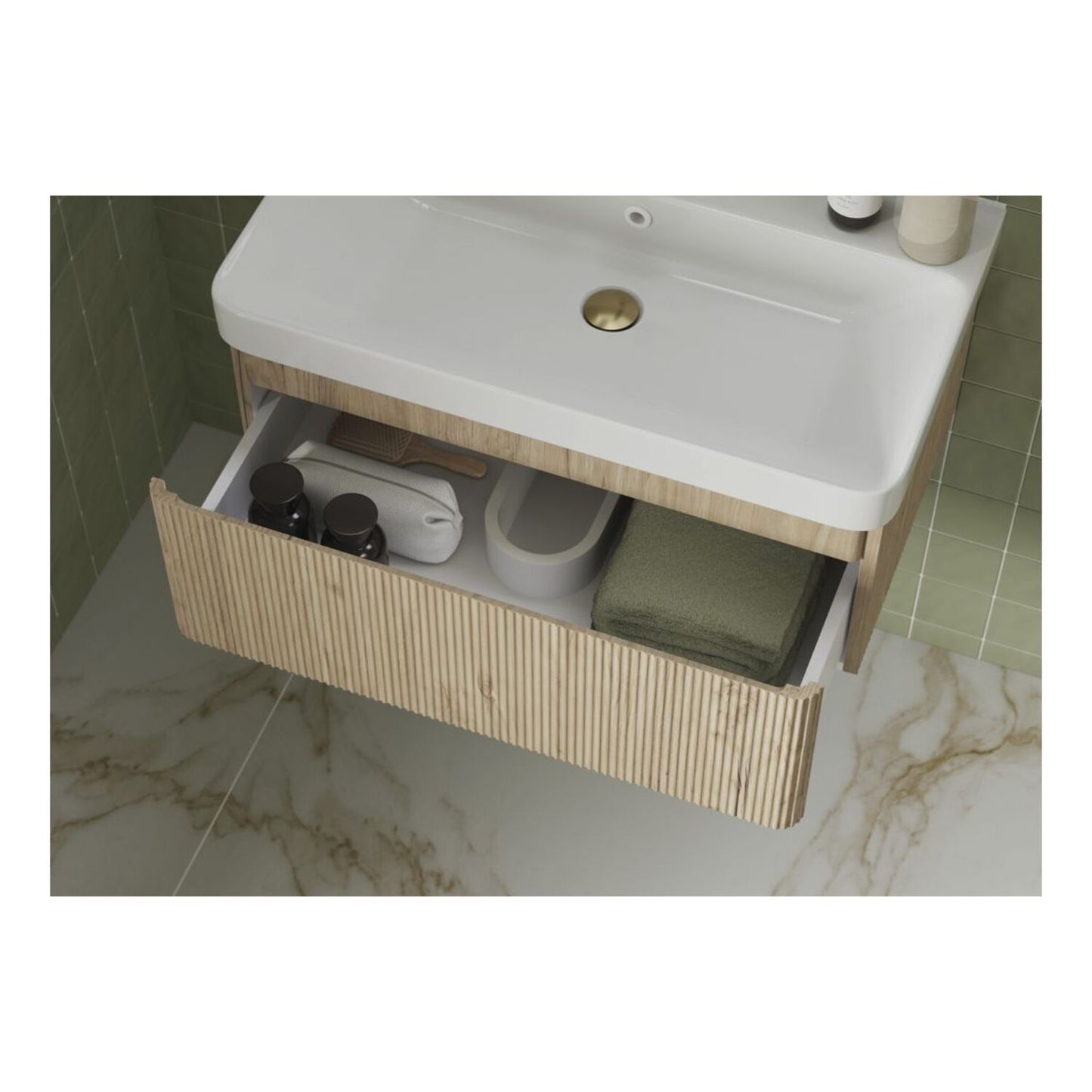 Mirelle 805mm Wall Hung 1 Drawer Basin Unit & 1 Tap Hole Basin - Textured Oak