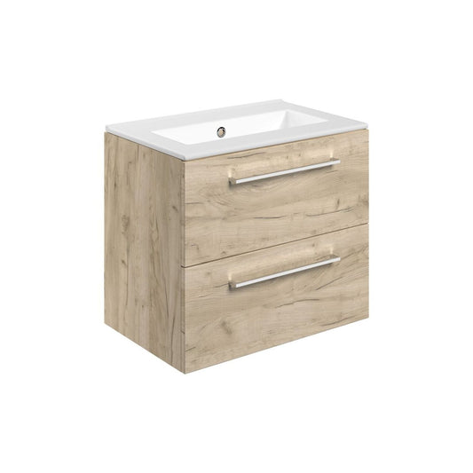 Zenari 610mm Wall Hung 2 Drawer Basin Unit & 0 Tap Hole Thin Edge Basin - Oak