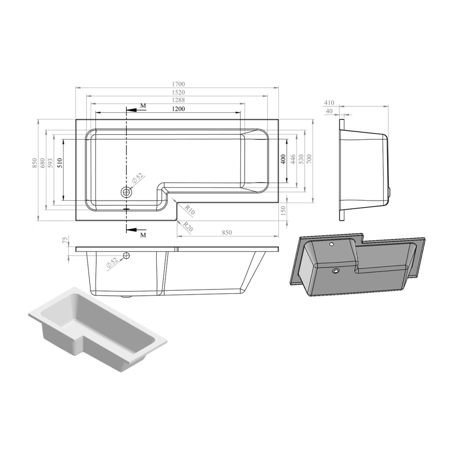 Vessari L Shape Supercast 0 Tap Hole Shower Bath Pack L 1700 X W 850 X H 560mm
