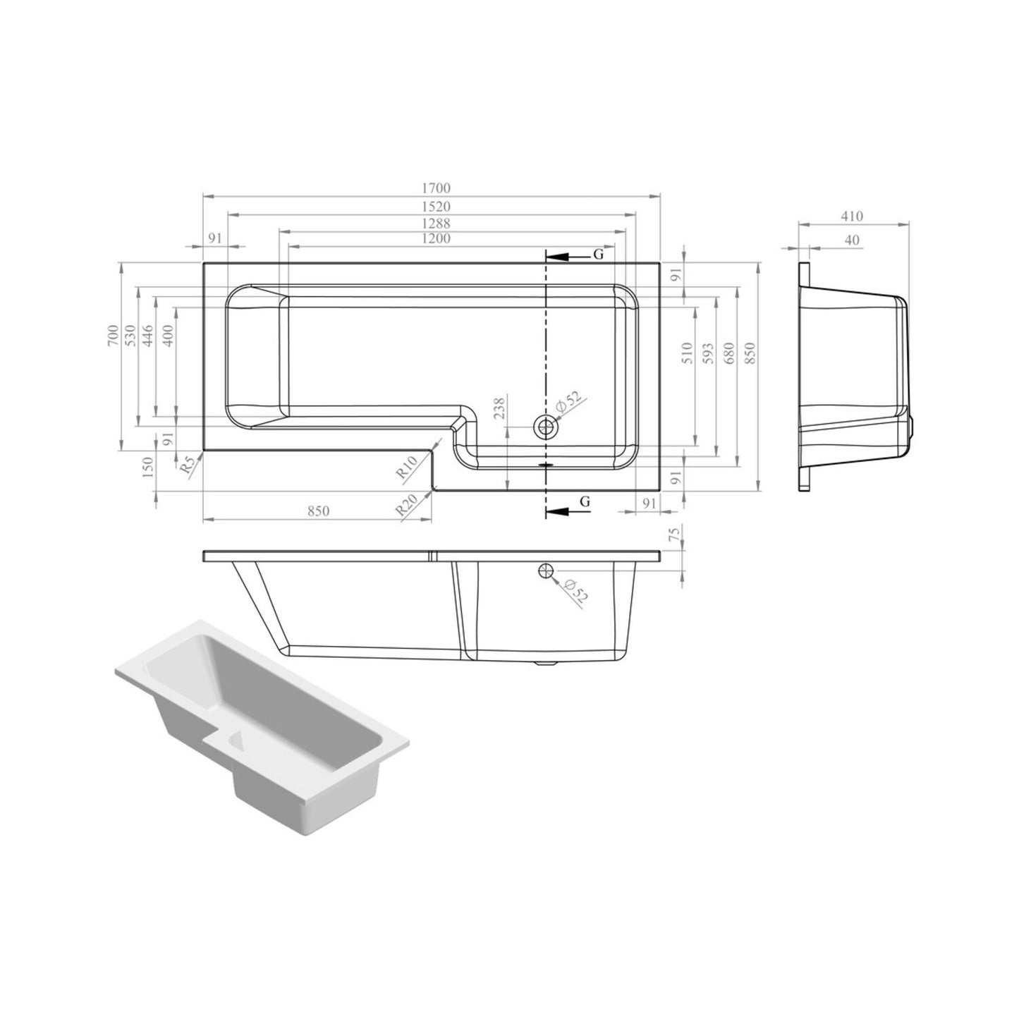 Vessari L Shape Supercast 0 Tap Hole Shower Bath Pack L 1700 X W 850 X H 560mm