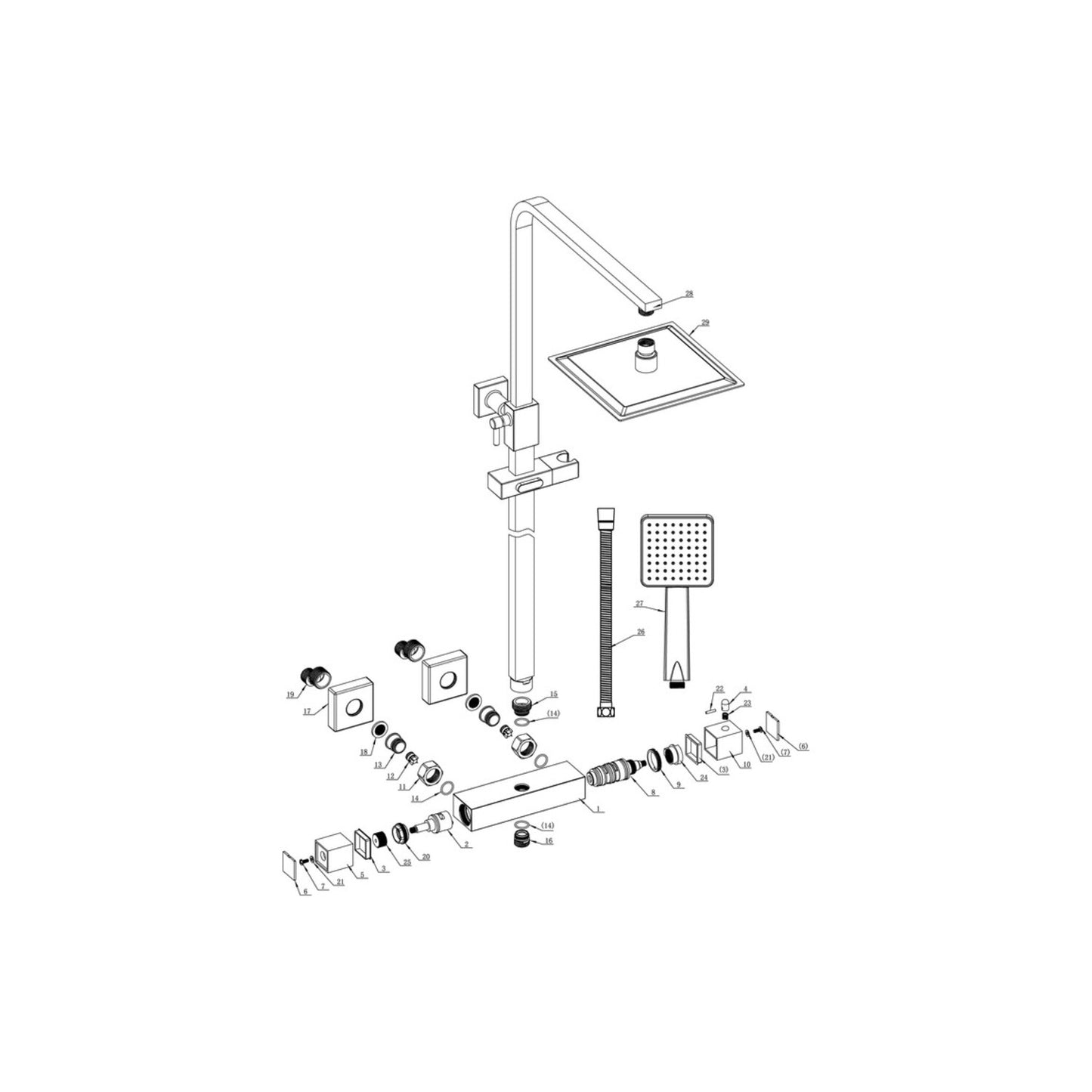 Square Thermostatic Bar Mixer W/Riser Kit