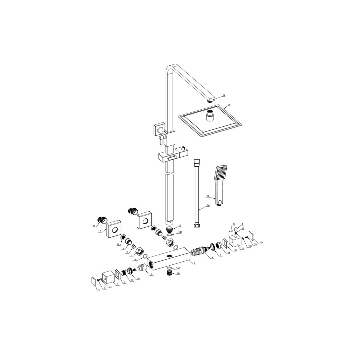 Square Thermostatic Bar Mixer W/Riser Kit