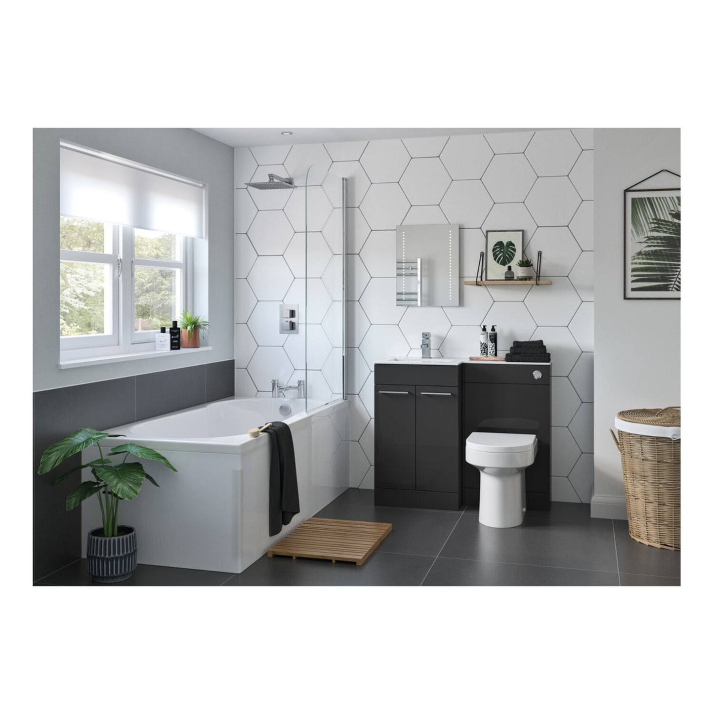 Varya 900mm F/S L-Shape Pack & Basin (RH) - Anthracite Gloss