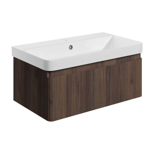 Mirelle 805mm Wall Hung 1 Drawer Basin Unit & 1 Tap Hole Basin - Textured Walnut