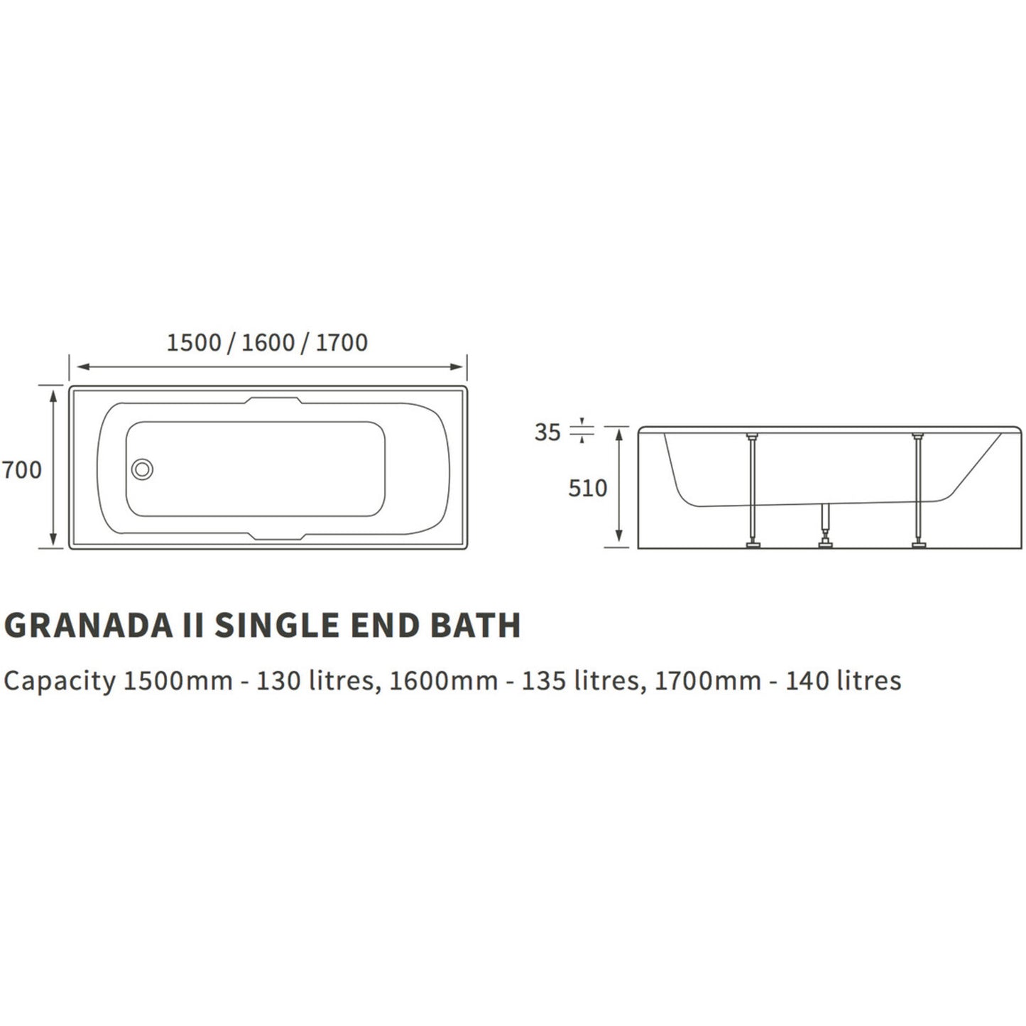 Mirelle Single End Twin Grip 5mm 1700x700x510mm 0 Tap Hole Bath