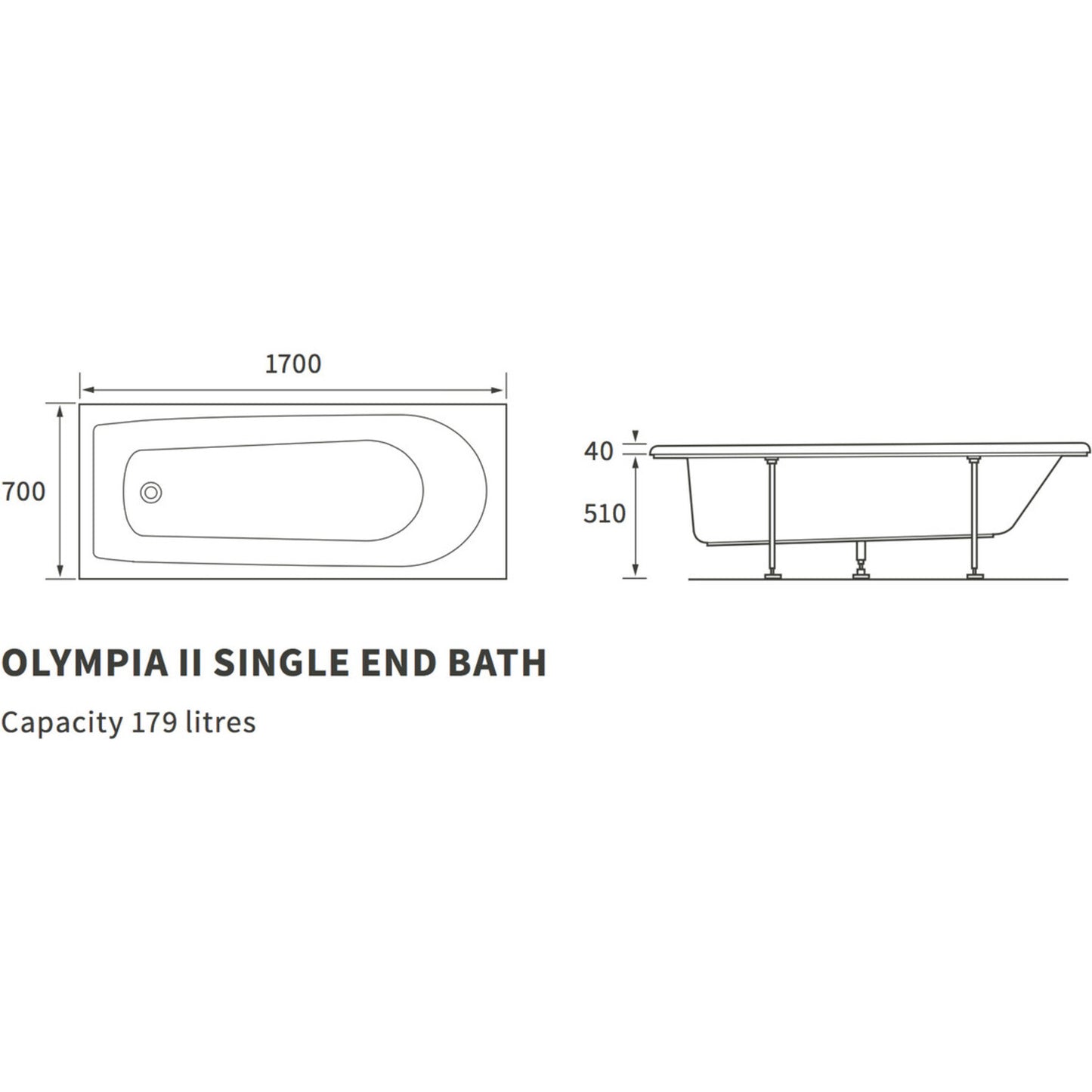 Olympia II Single End 1700x700x510mm 2 Tap Hole Bath