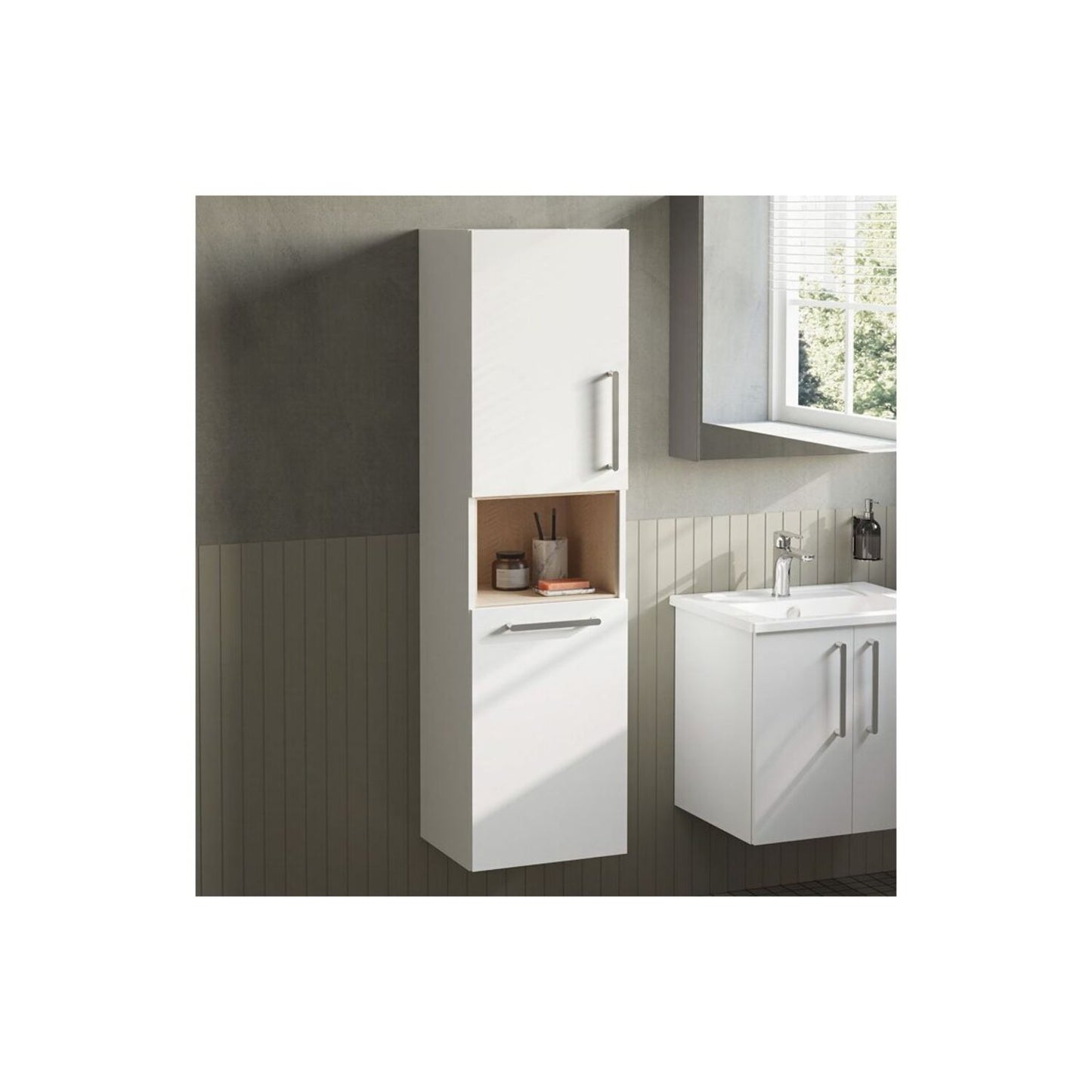 VitrA Root Flat 40cm 2 Door Semi-Tall Unit w/Laundry Basket (LH Hinge) - High Gloss White