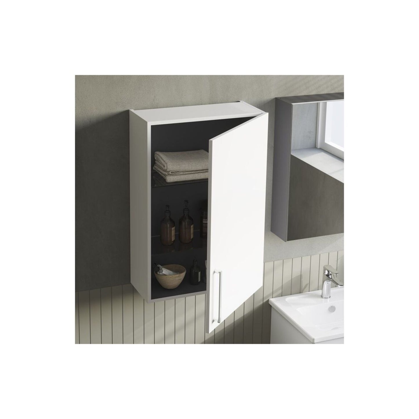 VitrA Root Flat 60cm 1 Door Upper/Wall Unit (RH Hinge) - High Gloss White
