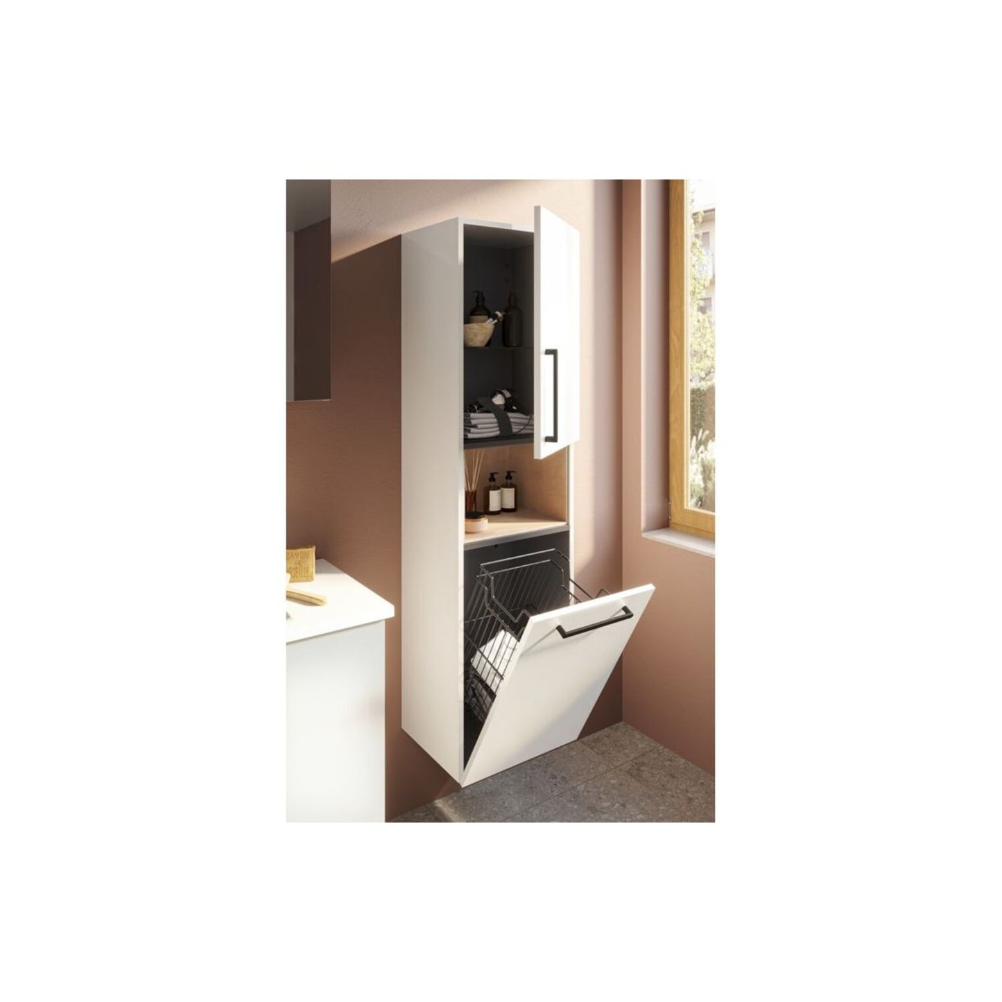 VitrA Root Flat 40cm 2 Door Semi-Tall Unit w/Laundry Basket (RH Hinge) - High Gloss White