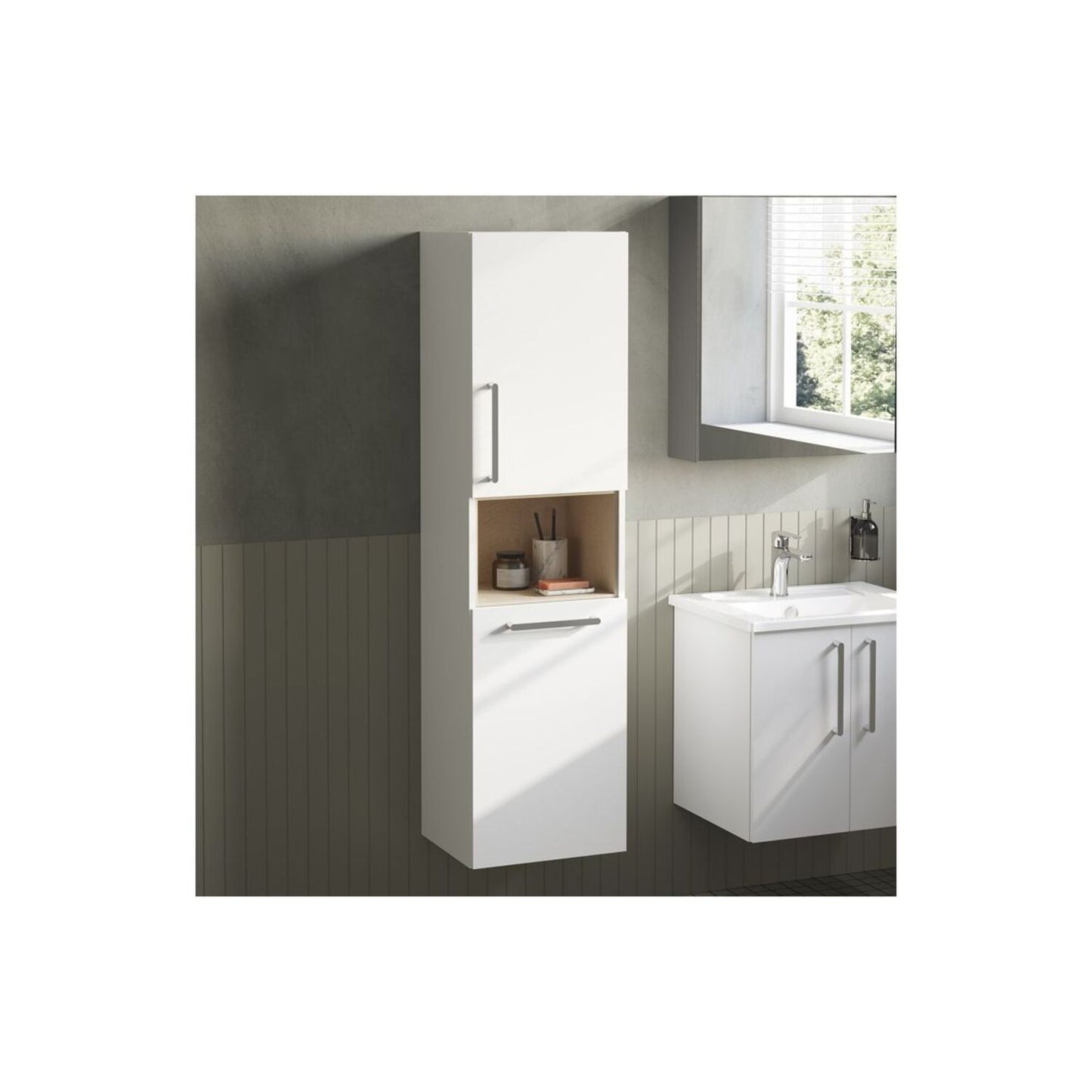 VitrA Root Flat 40cm 2 Door Semi-Tall Unit w/Laundry Basket (RH Hinge) - High Gloss White