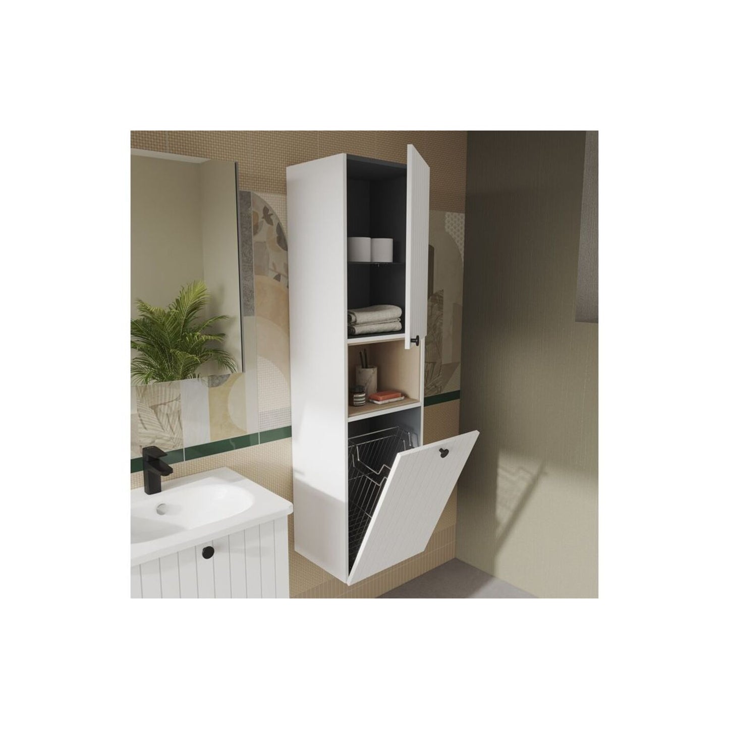 VitrA Root Groove 40cm 2 Door Semi-Tall Unit w/Laundry Basket (RH Hinge) - Matt White