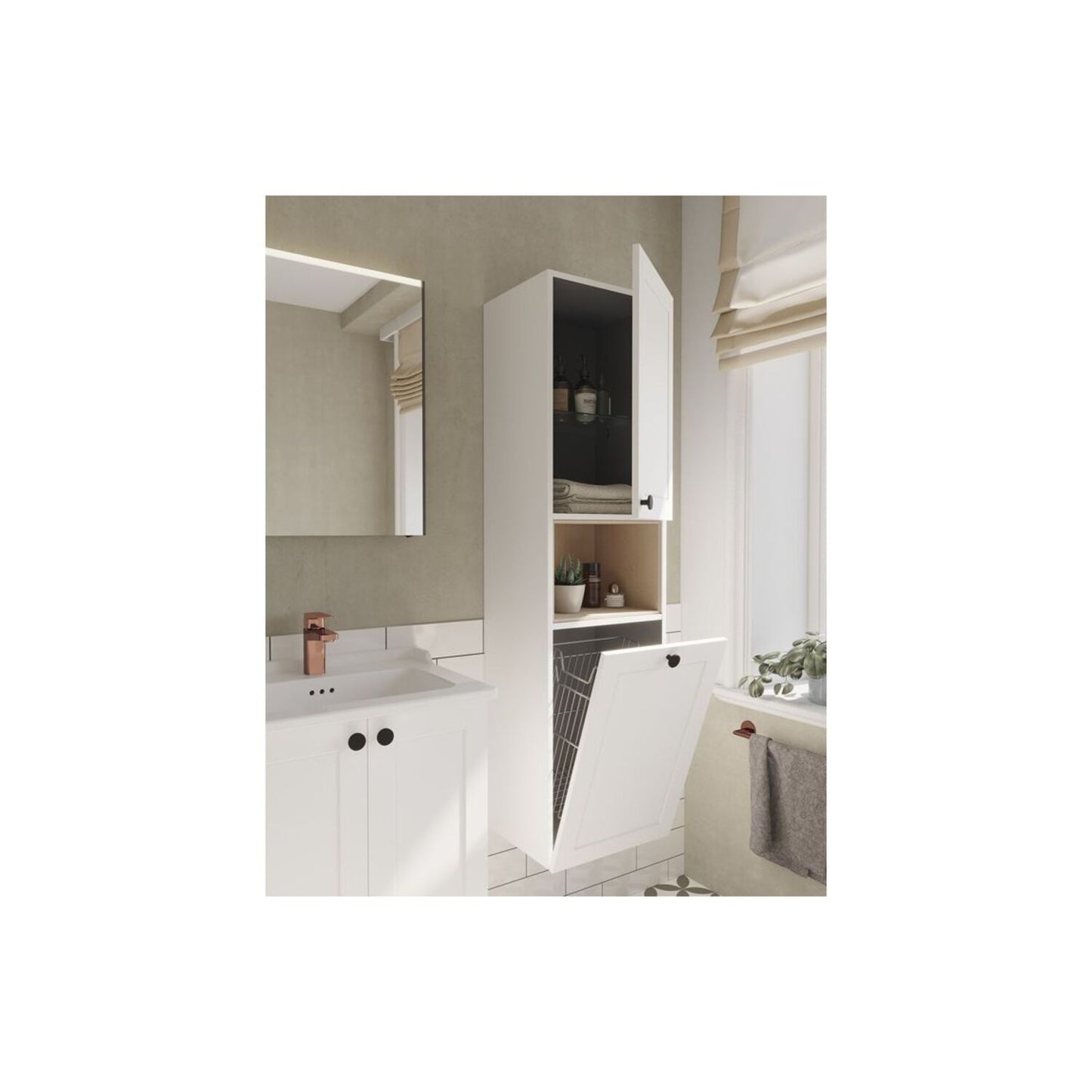 VitrA Root Classic 40cm 2 Door Semi-Tall Unit w/Laundry Basket (RH Hinge) - Matt White