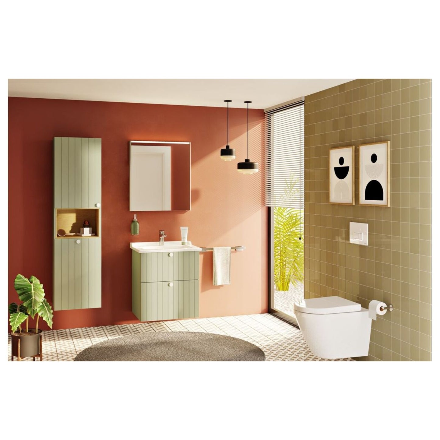 VitrA Root Groove 40cm 2 Door Semi-Tall Unit w/Laundry Basket (LH Hinge) - Matt Retro Green