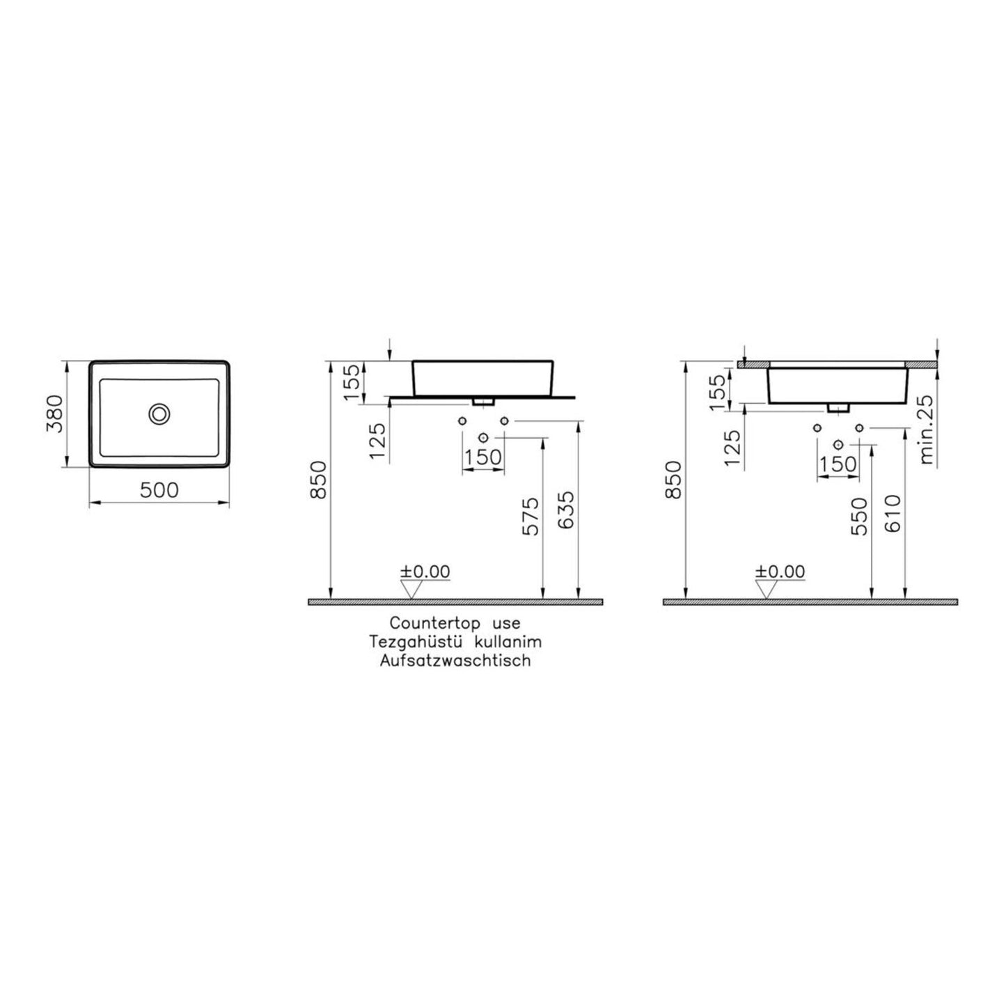 VitrA Nuo 0 Tap Hole Basin (No Overflow) 500X380mm - White