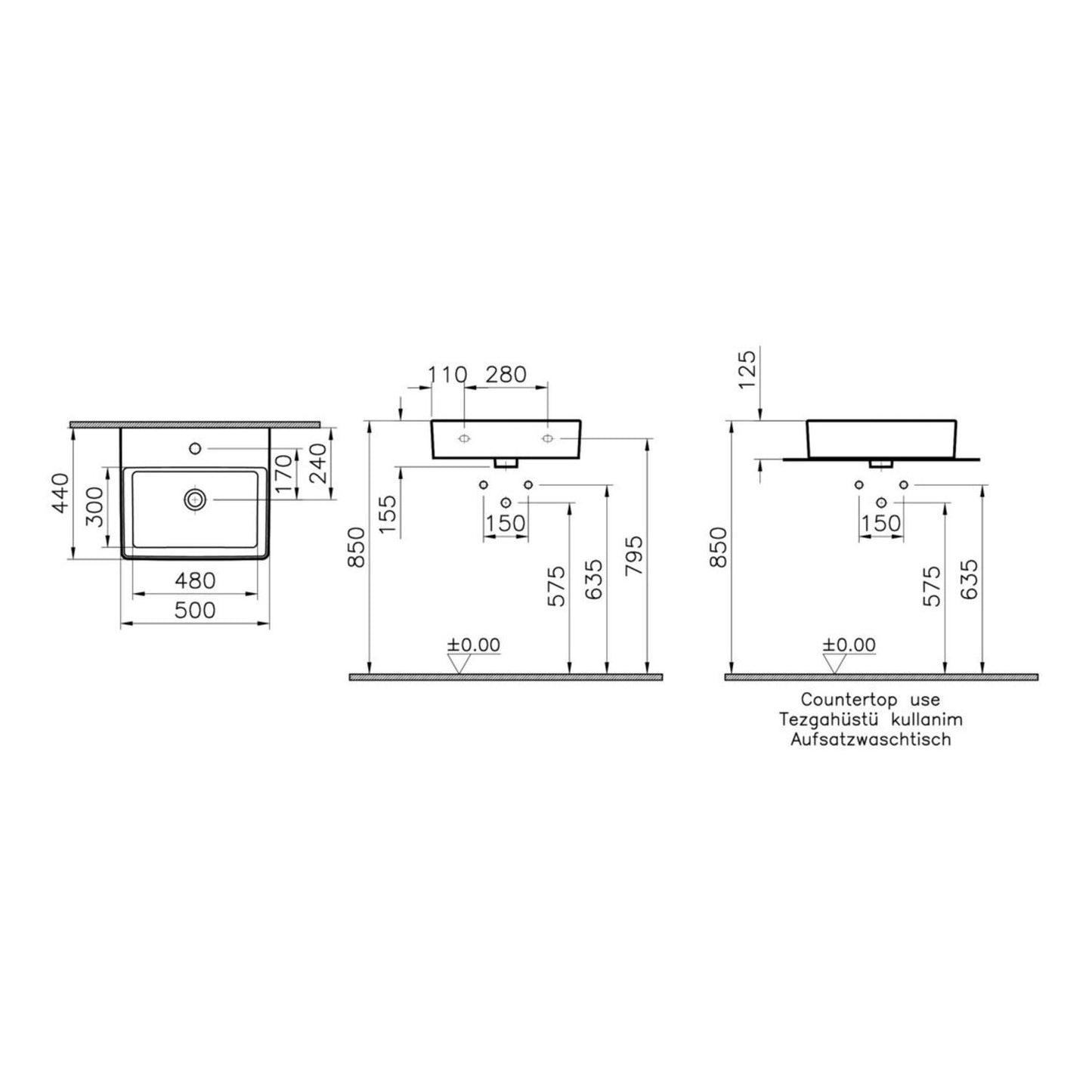VitrA Nuo 1 Tap Hole Countertop Basin w/Overflow 500X440mm - White